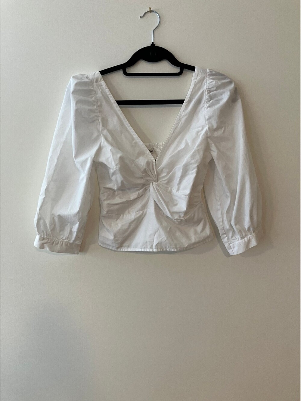 Abercrombie & Fitch Womens S White Poplin Twist Front V Neck Puff Sleeve Top